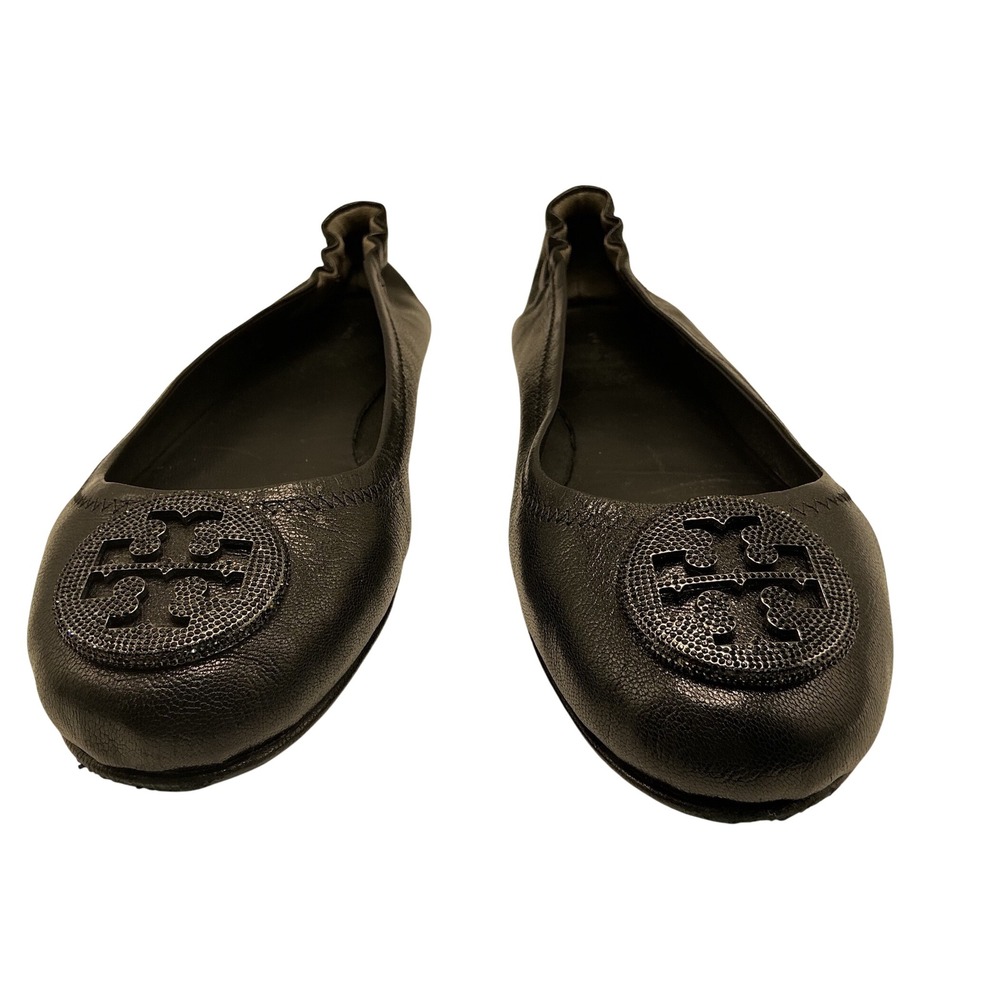 Tory Burch Minnie Travel Ballet Pave Leather Flats Black 143383 Size 9